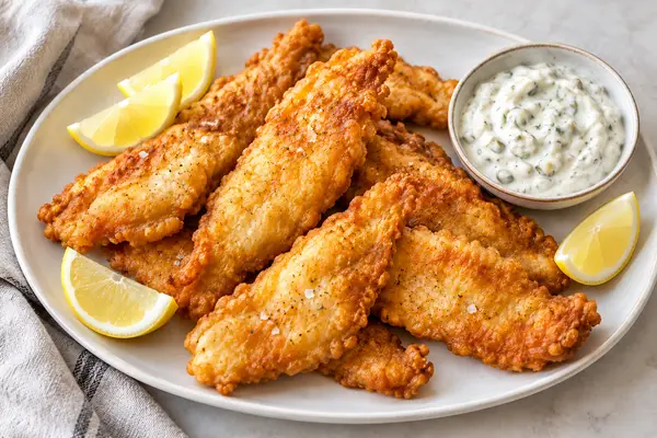 Golden beer battered ocean perch fillets with lemon wedges and a small dish of tartar sauce