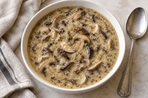 Creamy mushroom soup with visible sliced mushrooms and flecks of thyme in a white bowl