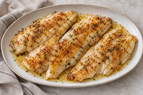 Baked ocean perch fillets with paprika and dried parsley in lemon and olive oil juices