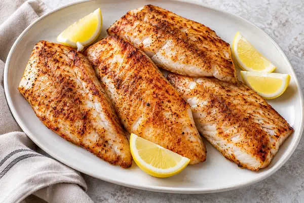 Pellet grilled ocean perch fillets with smoked paprika and lemon wedges on a white platter